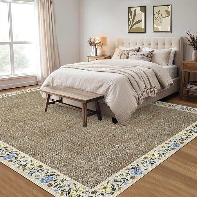 GarveeHome Washable Living Room Rug 9x12 Floral Bordered Area Rugs Soft Thin Indoor Carpet for Bedroom Modern Throw Aesthetic Mat Non Slip Stain Resistant Carpet for Dining Room Office, Dark Camel