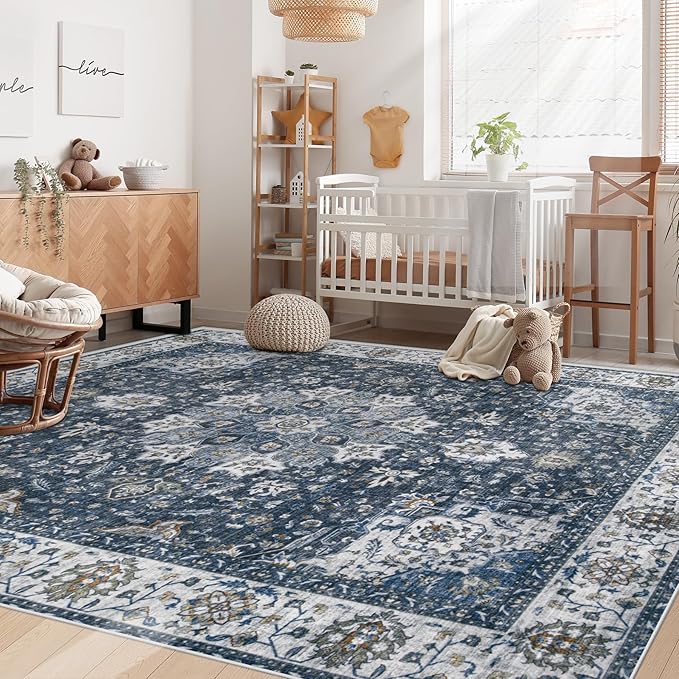 Area Rug 6x9 Washable Rug, Vintage Boho Medallion Rugs Non-Slip Soft Low Pile Large Distressed Rug Indoor Retro Carpet for Living Room Bedroom Dining Room Home Office (Vintage Blue, 6'x9')