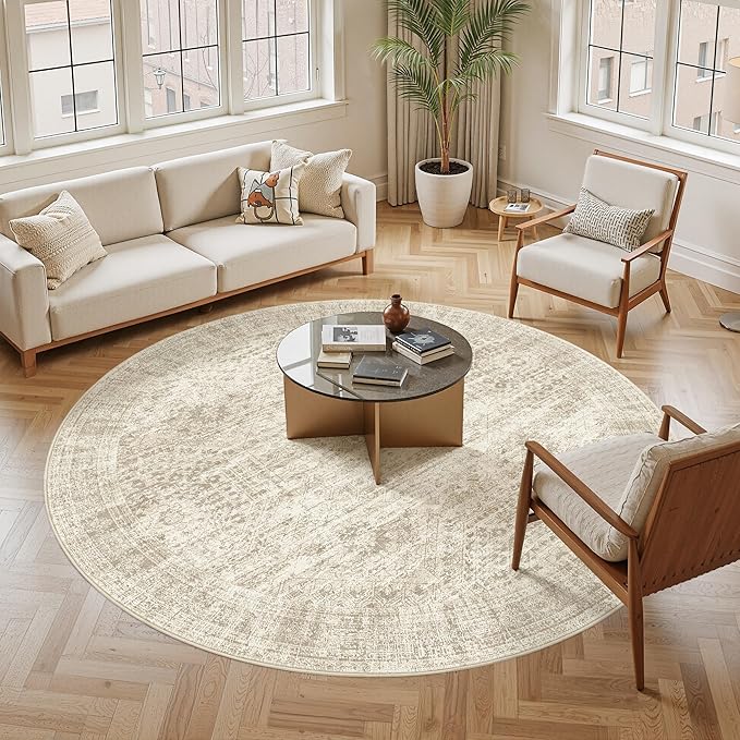 Soalmost 9x9 Beige Round Rug 9ft Living Room Circle Rug Vintage Round Area Rug Non Slip Indoor Carpet for Apartment