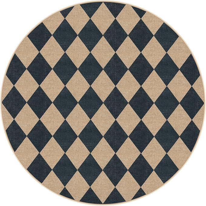 Lahome Colette Checkered Round Rugs 6ft, Washable Easy Jute Circle Patio Rug Indoor Outdoor Rugs for Living Room, Farmhouse Natural Round Area Rug Contemporary Carpet for Entryway Backyard