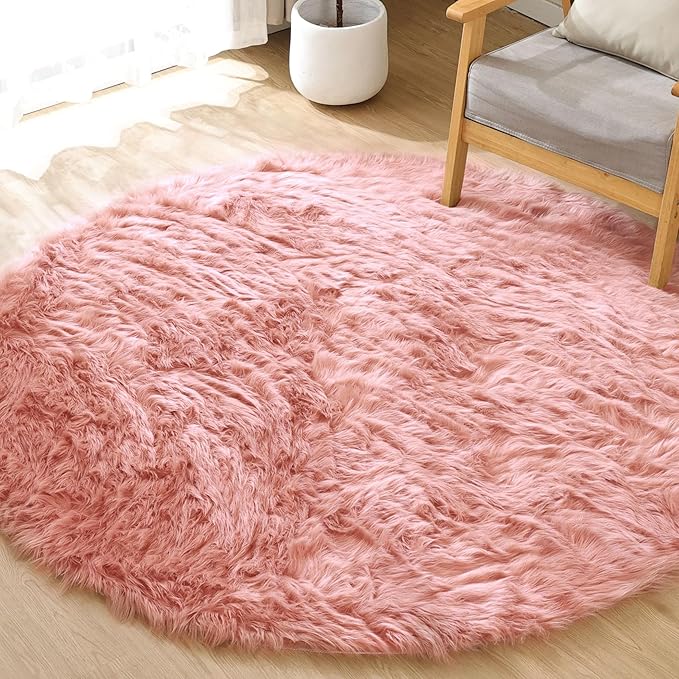 ORINOVA Pink Washable Fluffy Round Rugs for Bedroom Girls Shag Faux Sheepskin Fuzzy Fur Rugs for Living Room Circle Area Rug for Kids Round Rug 5ft