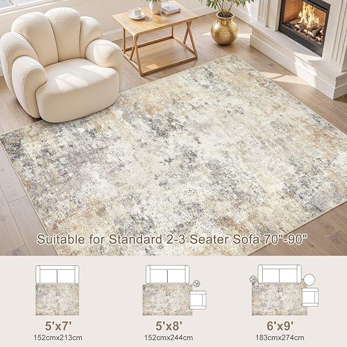 UERMEI 6x9 Area Rug Living Room Rugs - Washable Neutral Modern Abstract Soft Thin Large Rug Indoor Floor No Slip Rug Carpet for Bedroom Under Dining Table Home Office Decor - Golden Grey