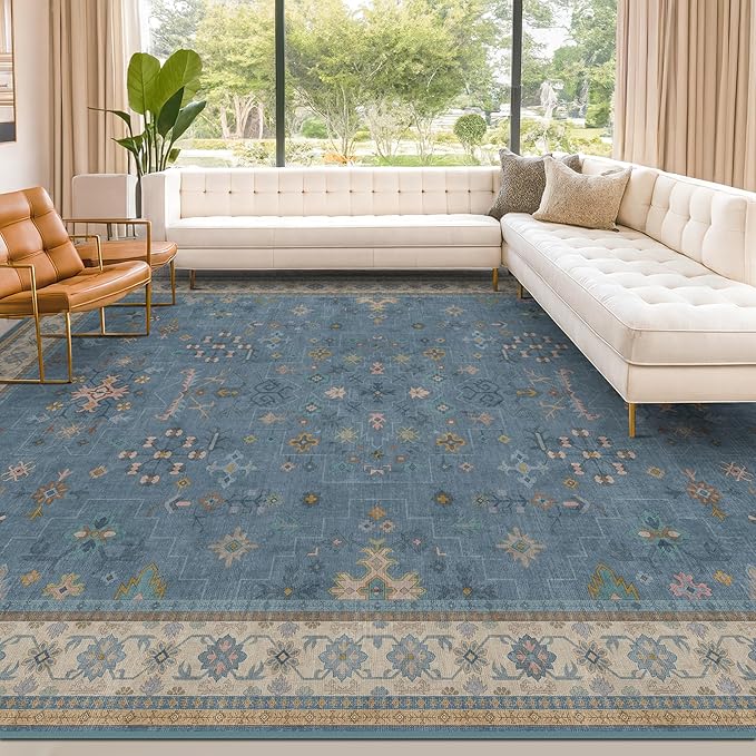 Hazo Haus Blue Big Rugs for Living Room - Dusty Blue 10x12 Area Rug for Large Bedroom, Dining Room, Washable Lightweight Foldable Floral Modern Home Décor