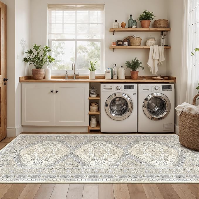3x10 Runner Rug Non Slip Washable for Entryway, Front Porch, Vintage Hallway Runner for Laundry Room, Bedroom, Stain Resistant Thin Indoor Kitchen Mats for Floor(Beige,3'x10')