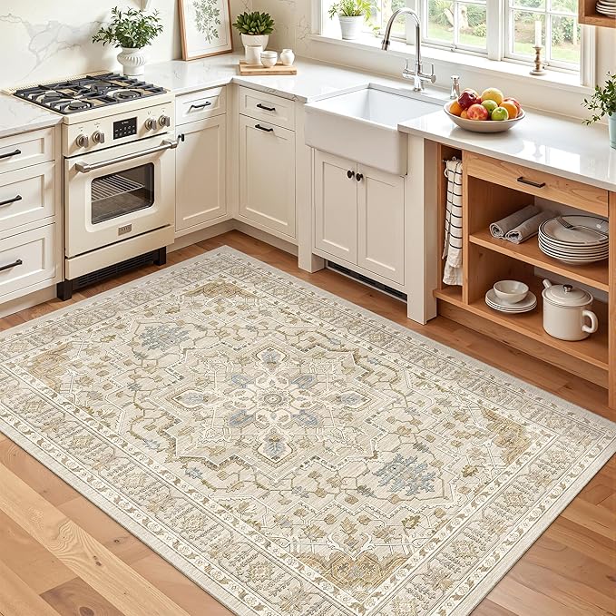 Madane Area Rug 3x5, Entryway Washable Vintage Runners Bedroom Non Slip Indoor Kitchen Runner for Living Room Laundry Room Playroom Soft Non-Slip Area Rugs, Beige/Blue