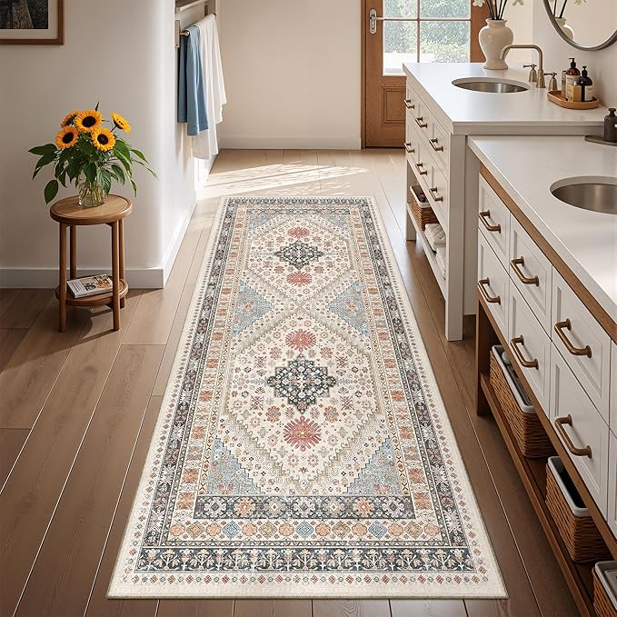 Runner Rug 2x6, Non Slip Washable Rugs for Laundry Room, Runners for Hallways, Low Pile Vintage Soft Rugs for Living Room, Kitchen Bathroom,Bedroom Rug(Blue/Red/Multi,2'x6')