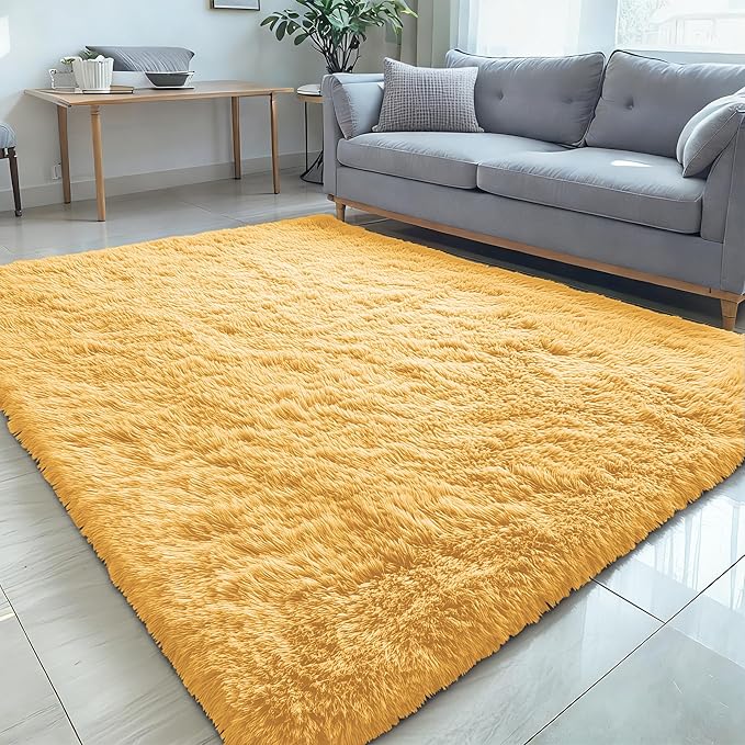 OLANLY 5x8 Machine Washable Large Area Rugs for Living Room, Bedroom, Soft Fluffy Shaggy Bedside Rug, Indoor Floor Carpet for Kids Girls and Boys, Dorms, Nursery, Home Decor Aesthetic, Mustard Yellow