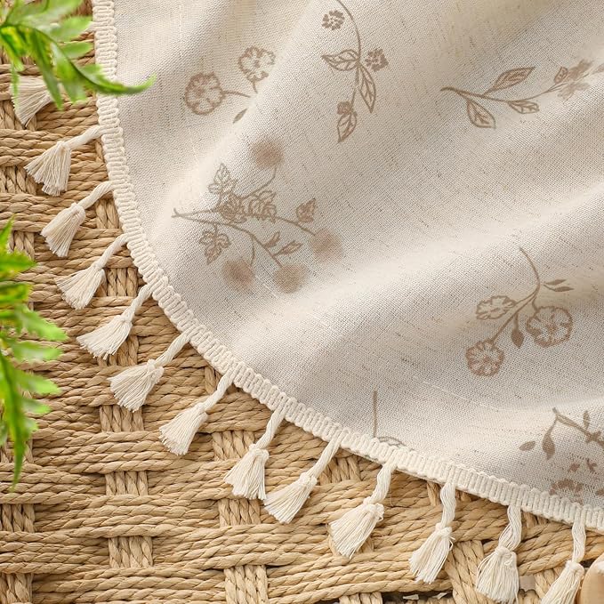 Boho Floral Spring 100% Blackout Curtains 84 Inch Length 2 Panels Set, Linen Texture Farmhouse Curtains with Beige Tassel for Living Room Bedroom, Vintage Rustic Rod Pocket,Beige