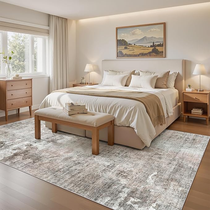 Abstract Rug 5x7 Machine Washable Area Indoor Pink Grey Low Pile Non-Slip Foldable Thin Accent Gray Rugs for Bedroom Living Room Dining Room