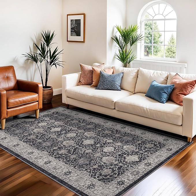 Washable 3x5 Entryway Area Rugs: Ultra Soft Low Pile Carpet for Kitchen Nursery Indoor Light-Weight Doormat Anti-Slip Cozy Rug for Living Room Bedroom Small Vintage Floor Mat Home Decor(3x5,Black)