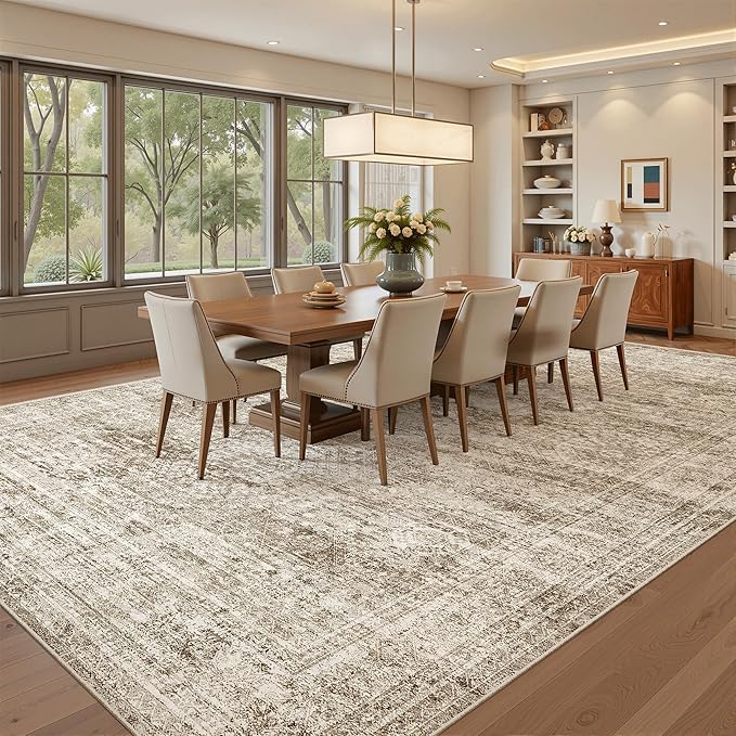 Area Rug 10x12 Vintage Washable Living Room Large Carpet Non Slip Bedroom Indoor Office Dining Room Low Pile Thin Rug Brown