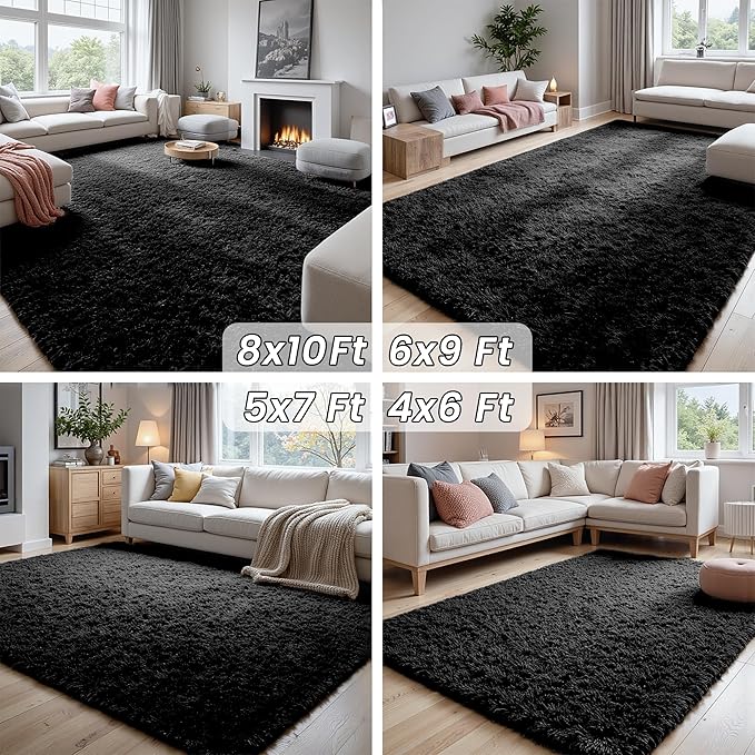 5x8 Area Rugs for Living Room: Soft Fluffy Shag Black Rugs for Bedroom, Non Slip Large Fuzzy Plush Rug Indoor Floor Carpet for Nursery Kids Boys Girls Room, Dorms, Playroom, Modern Home Decor