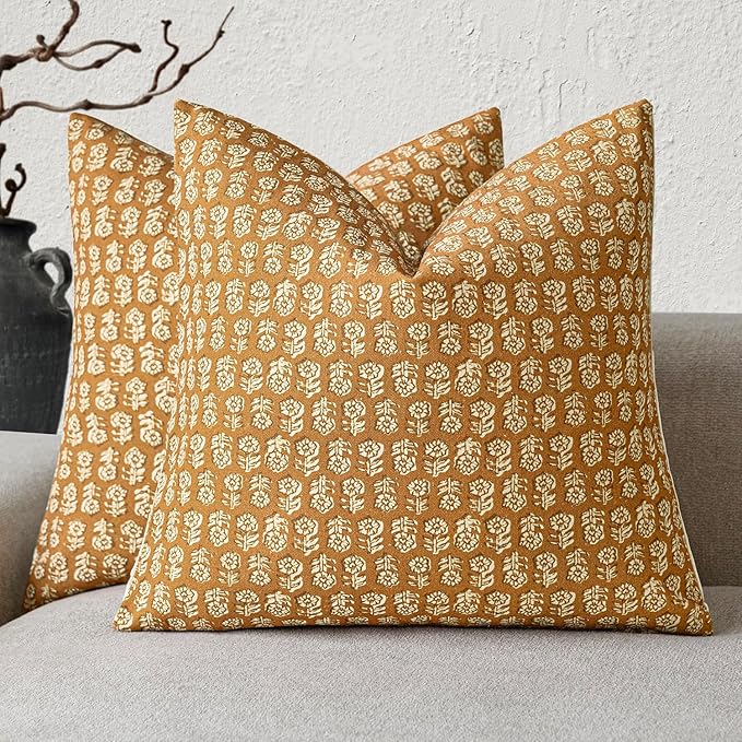 Foindtower Set of 2 Decorative Vintage Floral Print Throw Pillow Covers Neutral Modern Farmhouse Cushion Cover Boho Home Decor For Sofa Couch Chair Bedroom Living Room Outdoor,22×22 Inch,Golden Orange