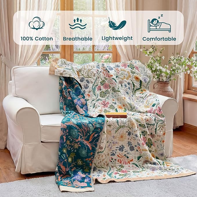 MSGKV The Boho Layer: 50"x60" Cotton Throw Blanket – Lightweight & Reversible Maximalist Colorful, Decorative Accent for Couch Snuggles, Bed Layers & Road Trips
