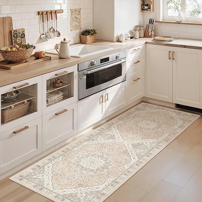 Madane Washable Runner Rug - 2x6 Rug Runners for Hallways 6 Feet Non Slip Vintage Kitchen Runner Rug Ultra-Thin Bathroom Runner Rugs Carpet Laundry Room Bedroom (2x6ft, Pink/Gray)
