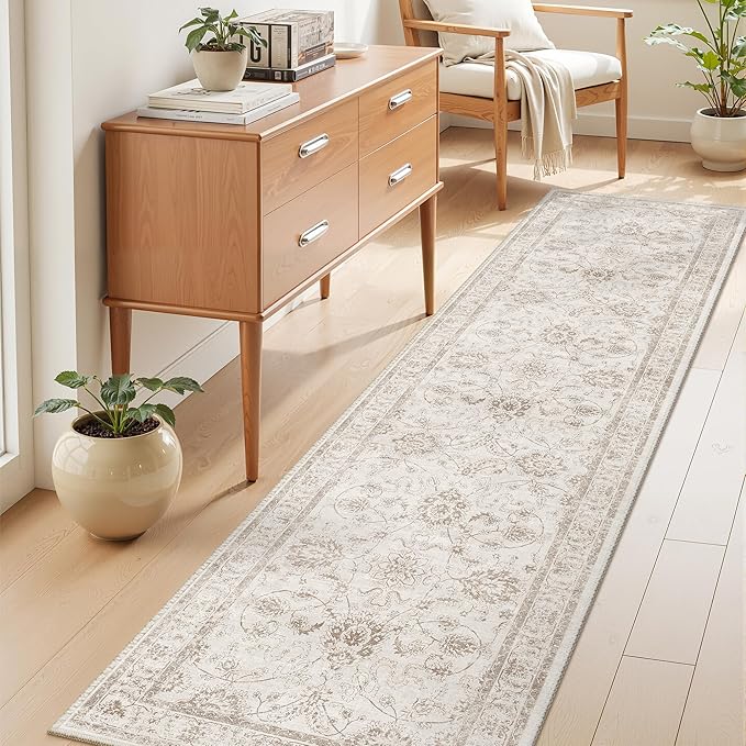 Madane Rug Runner for Hallways 2.5x8, Washable Kitchen Runner Rugs with Non Slip Backing, Soft Floral Print 2'6''x8 Carpet Runners for Laundry Room, Bedroom, Brown/Ivory