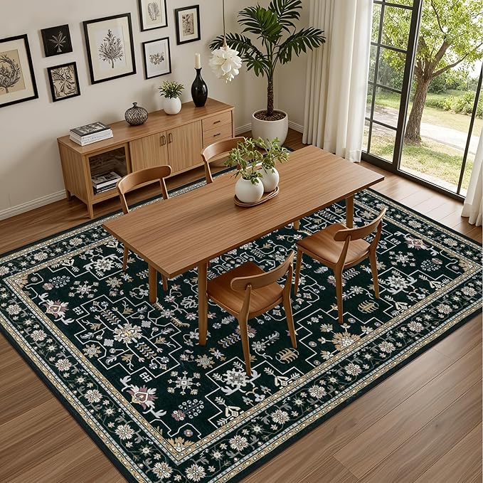 Area Rugs 9x12 Living Room Rug: Washable Rug Soft Vintage Boho Medallion Carpet Indoor Floor Non-Slip Stain Resistant Large Carpets for Bedroom Dining Room Farmhouse Nursery Home Office Black