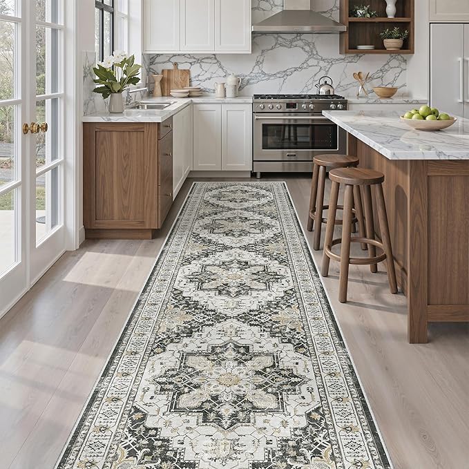 Madane Hallway Runner Rug 2'6''x12' Kitchen Runner, Non Slip Vintage Runners for Hallways Washable Kitchen Rugs Soft Low Pile 2.5x12 ft Rug Runner for Laundry Room, Entryway and Bedroom, Black
