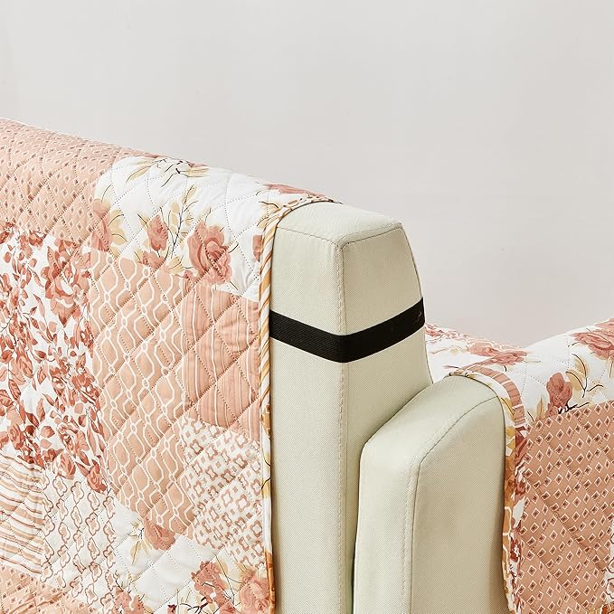 Great Bay Home Reversible Patchwork Chair Cover - Washable Slipcover Furniture Protector with Elastic Straps - Perfect for Kids & Pets - Box-Stitched Detail (Dusty Rose)
