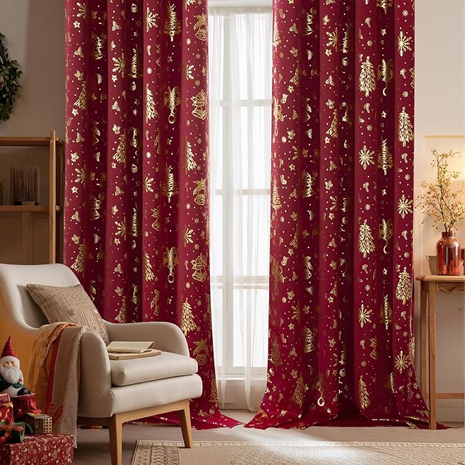 NICETOWN 2 Panels Christmas Red Curtains 52 x 84 Inch, Gold Foil Printed Rod Pocket Drapes, Xmas Theme Window Treatment for Holiday Home Decor, Set of 2 Christmas Style Curtain Panels