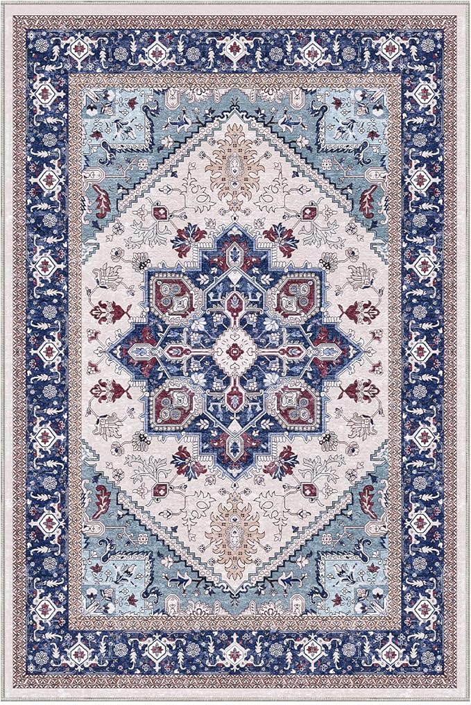 OPPODREAM Soft Throw Rugs 2x3, Small Washable Entryway Rugs 2 x 3 with Non Slip Backing, Low-Pile Faux Cashmere 2 x 3 Carpet, Navy Blue & Red & Cream