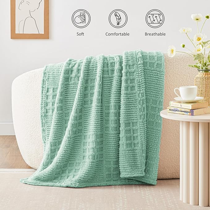 EXQ Home Fleece Throw Blanket for Couch or Bed - 3D Waffle Patchwork Pattern Jacquard Decorative Blankets - Cozy Soft Fuzzy Flannel Blanket Suitable for All Seasons(50"×60",Sage Green)