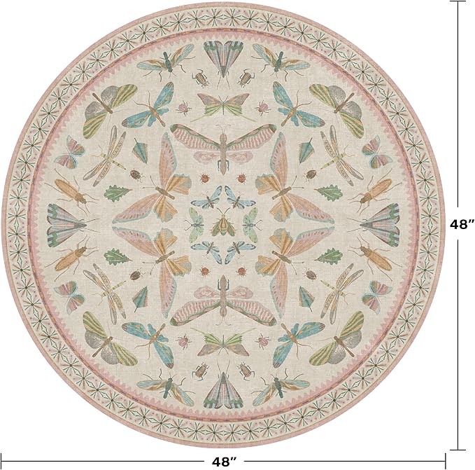 Boho Light Pink Round Rugs for Kids Bedroom - 4 ft Unique Circle Area Rugs for Baby Nursery, Washable Low Pile & Soft Cute Throw Rugs for Living Room, Playroom, Reading Corner, Fun Insect Décor