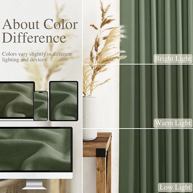 Olive Green Linen Curtains 80 Inch Length 2 Panel Set Back Tab Rod Pocket Semi Sheer Light Filtering Short Curtain Farmhosue Country Style Bay Window for Living Room Bedroom 40x80