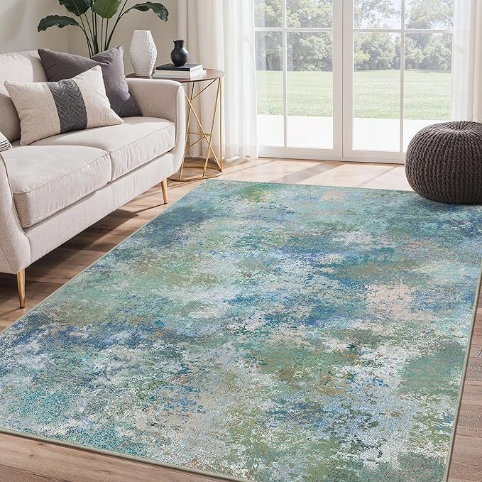 Area Rugs 8x10 for Living Room Bedroom, Modern Abstract Machine Washable Rug, Large Soft Low Pile Floor Carpet with Non Slip Backing for Dining Room, Blue Green