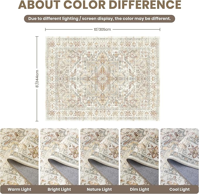 zesthome 8x10 Area Rugs - Stain Resistant Washable Rug for Living Room, Non-Slip Backing Large Area Rug with Ultra-Thin Low Pile for Bedroom, Vintage Home Decor