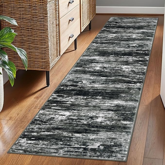 KOZYFLY Modern Abstract Washable Rug Runner 2x7 Hallway Runner Rug Non-Slip Soft Kitchen Runner Rugs, Print Black Grey Striped Carpet Runner for Entryway Bathroom Laundry Room Foyer