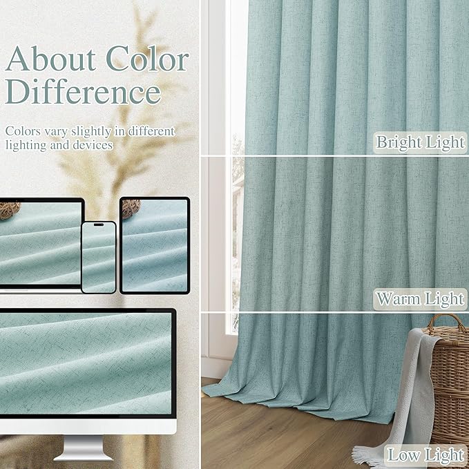 Guken Light Blue 100% Blackout Linen Curtains 100 Inch Length 2 Panels Set for Living Room Back Tab Thermal Insulated Black Out Drapes Room Darkening Farmhouse Style for Bedroom Window Curtains