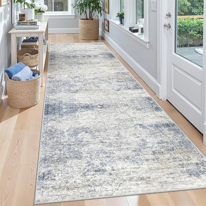 Kitchen Runner Rug Non Slip - 2.5 x 8 Runners for Hallways, Entryway, Bedroom, Washable Runner Rugs for Bathroom, Laundry Room, Low Pile Soft Vintage Area Rug(2.5'x8', Blue/Brown/Ivory)