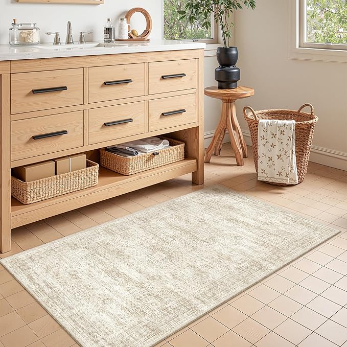 2x4 Washable Rug Runner for Bathroom, Soft Entryway Rug for Laundry Room, Kitchen, Vintage Abstract Hallway Runner for Bedroom, Anti-Slip Door Mat Indoor Entrance(2'x4', Beige/Ivory)