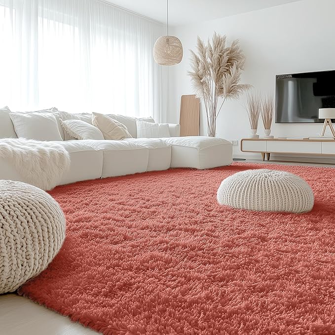 OLANLY 9x12 Machine Washable Large Area Rugs for Living Room, Bedroom, Soft Fluffy Shaggy Bedside Rug, Indoor Floor Carpet for Kids Girls and Boys, Dorms, Nursery, Home Decor, Rust Red
