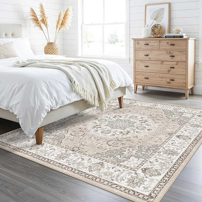 6ft Square Living Room Area Rug: Washable Oriental 6x6 Rugs for Bedroom Dining Room Non-Slip Entryway Kitchen Nursery CarpetWater Resistant Light Weight Floor Mat for Bathroom Laundry Room(6x6,Beige)