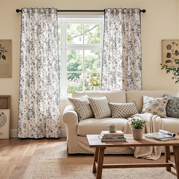 jinchan Linen Blend Floral Curtains French Country Curtain for Living Room 84 Inch Length Black Printed Curtain Rod Pocket Back Tab Farmhouse Peony Flower Patterned Drapes Window Curtains Set 2 Panels