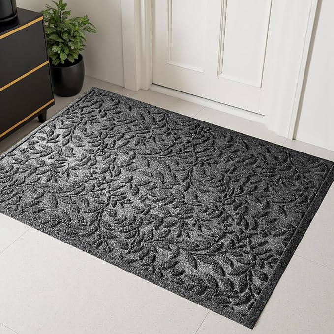 Grey Leaves Outdoor Indoor Entrance Door mat, Absorbent Durable Heavy Duty Welcome Front Door Mat,Thick Natural Rubber Back,Easy Clean Entryway Mat 47x32 Inch, Low Profile