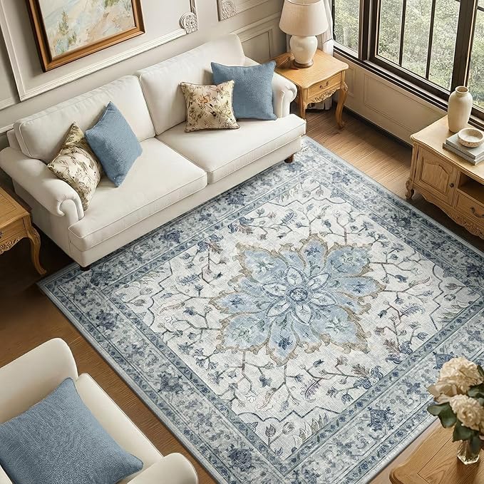 Area Rugs Square 6ft Washable Non-Slip, Floral Vintage Distress Print Pattern Medallion Carpet for Living Room Bedroom Dining Room, Light Blue Navy Beige Gray White
