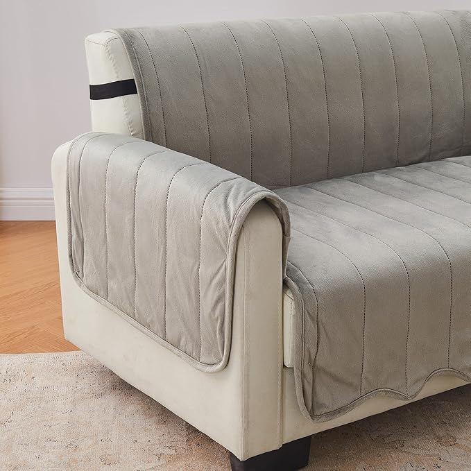 Great Bay Home Velvet Chair Cover - Washable Slipcover Furniture Protector with Elastic Straps - Furniture Cover for Dogs, Kids, and Pets - Stitched Detail (Wild Dove Grey)