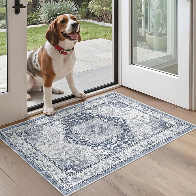 Madane Washable Area Rug 2x3, Small Entryway Rug Non-Slip Vintage Door Mat Indoor Entrance, Low Pile Floor Carpet for Inside Front Door Bedroom Kitchen Entry Laundry (2'x3', Navy/White)