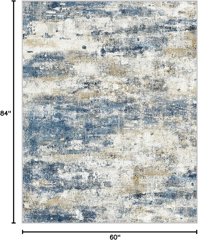 BEIMO Machine Washable Rug 5x7 Area Rugs for Living Room Bedroom, Large Navy Blue Beige Abstract Area Rug Soft Throw Rugs, Low-Pile Floor Carpet with Non Slip Rubber Backing