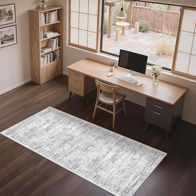 3x6 Runner Rug Non Slip, Thin Entryway Washable Rug for Entryway, Runners for Hallways, Low Pile Vintage Abstract Soft Rugs for Living Room, Kitchen, Bedroom (3'x6', Grey/Ivory)