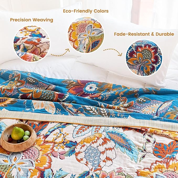 MSGKV Boho Throw Blanket 50"x60" Floral Cotton Blanket for Couch Sofa Spring Breathable Lightweight Farmhouse Blankets Home Decor Muslin All Seasons