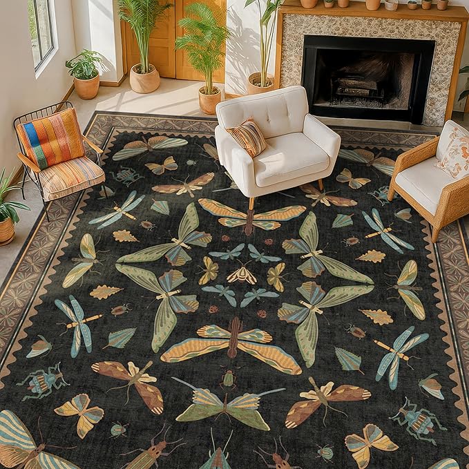 Hazo Haus Black Washable Insect Area Rugs 8x10 for Living Room, Bedroom, Dining Room Under Table, Playroom, Large Dark Whimsical Boho Indoor Rug, Ultra Soft Low Pile Non Slip