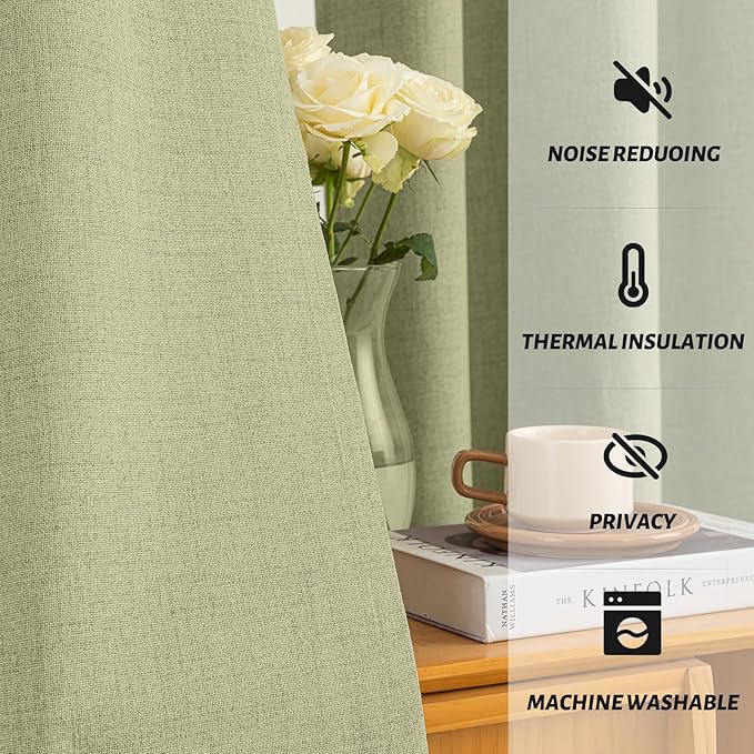 Yakamok Sage Green Linen Curtains 100% Blackout 72 Inches Long,Room Darkening Textured Curtains for Living Room Thermal Grommet Bedroom Curtain 2 Panels with Greyish White Liner