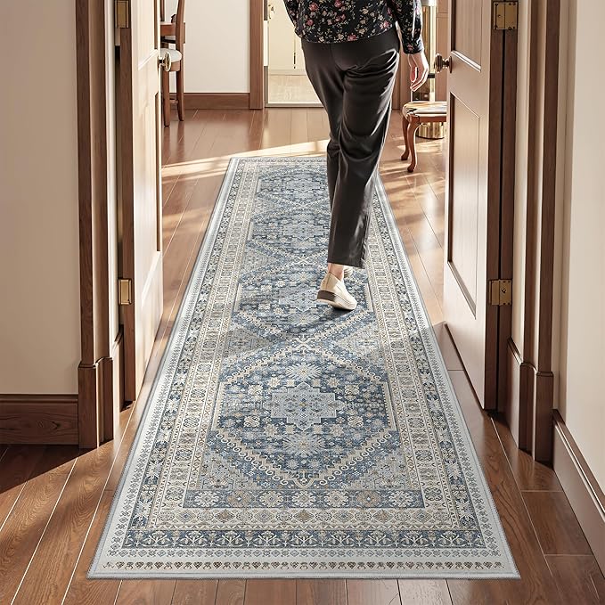 Runner Rug 2x8 Runners for Hallways Non Slip Washable, Vintage Hallway Runner Rugs for Living Room, Low Pile Soft Hallway Rug for Kitchen Bedroom Laundry Room(Blue/Beige,2'x8')