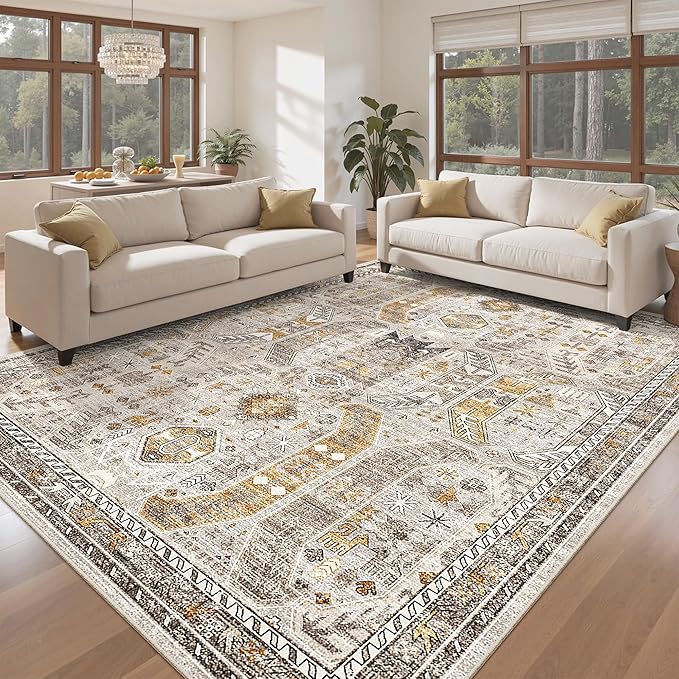 Madane Washable Rug 8x10 Area Rugs for Living Room, Ultra-Thin Non-Slip Backing Rug, Stain Resistant Vintage Large Area Rug for Bedroom (Brown/Gold, 8'x10')