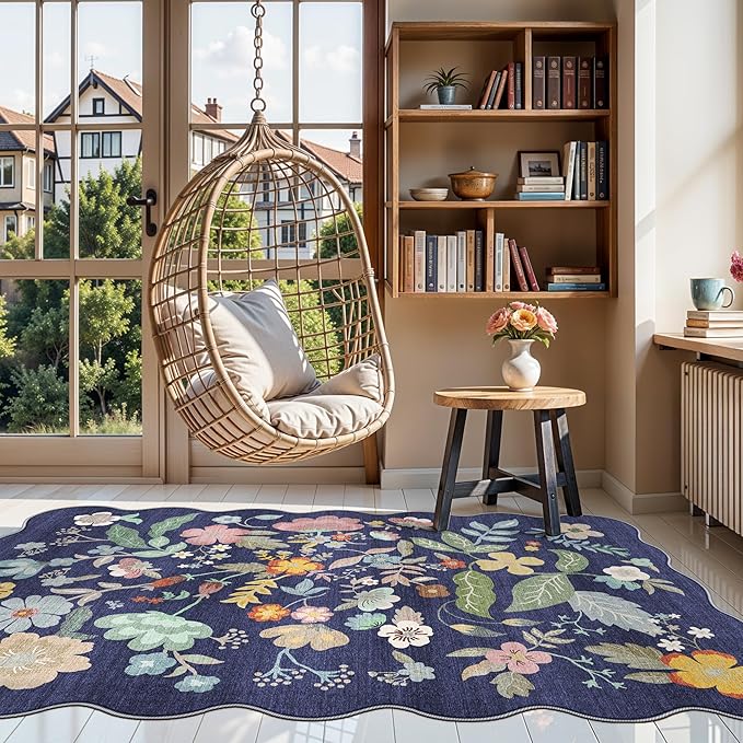 4x6 Living Room Area Rugs: Washable Boho Bedside Rug Non-Slip Floral Small Low Pile Carpet for Kitchen Bedroom Non-Shedding Floor Mat for Kids Room Office Durable Mat for High traffic Area(4x6，Purple)