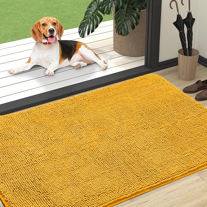OLANLY Dog Door Mat for Muddy Paws 47x32, Absorbs Moisture and Dirt, Absorbent Non-Slip Washable Doormat, Quick Dry Chenille Mud Mat, Entry Indoor Entryway Carpet for Inside Floor, Golden Yellow